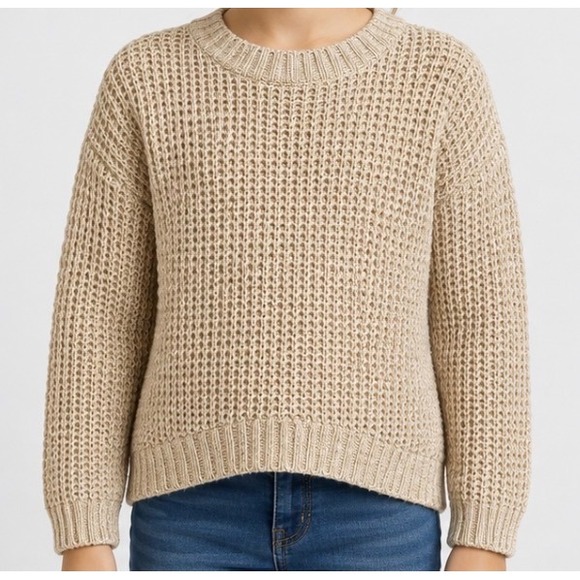 Pink Angel Other - Pink Angel Girls Tan Beige Open Knit Crew Neck Sweater Size M 10/12 High Low Hem